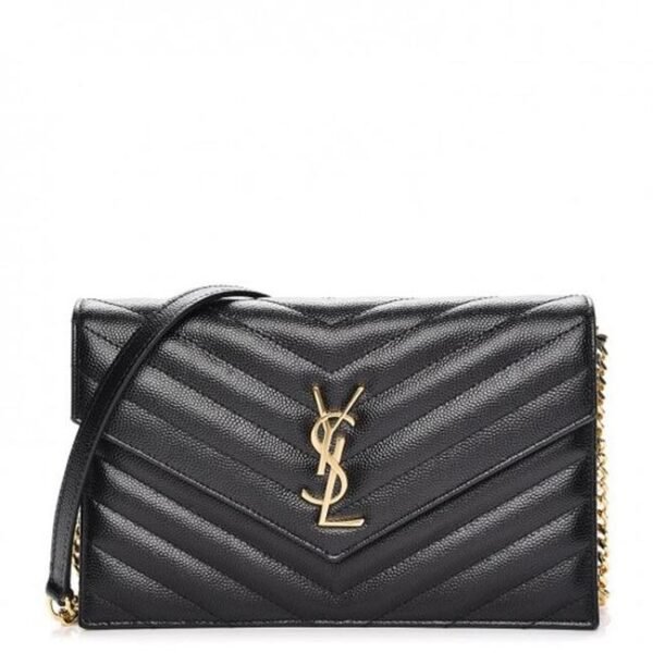 Saint Laurent Monogram Envelope Chain Wallet Grain De Poudre Matelasse Chevron Black Leather Shoulder Bag