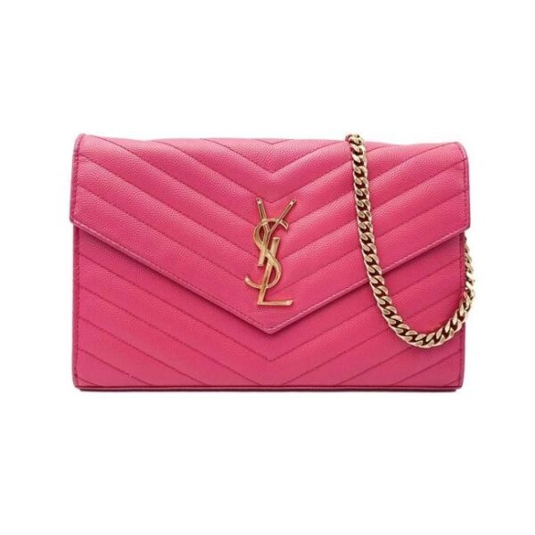 Saint Laurent Chain Wallet Grain De Poudre Matelasse Chevron Woc Lipstick Fuchsia Pink Leather Cross Body Bag