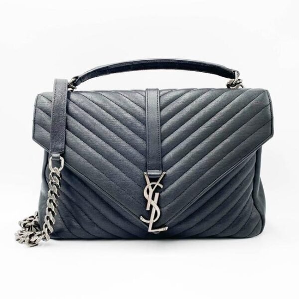 SAINT LAURENT Sheepskin Matelasse Chevron Monogram Large College Satchel Black Leather Shoulder Bag