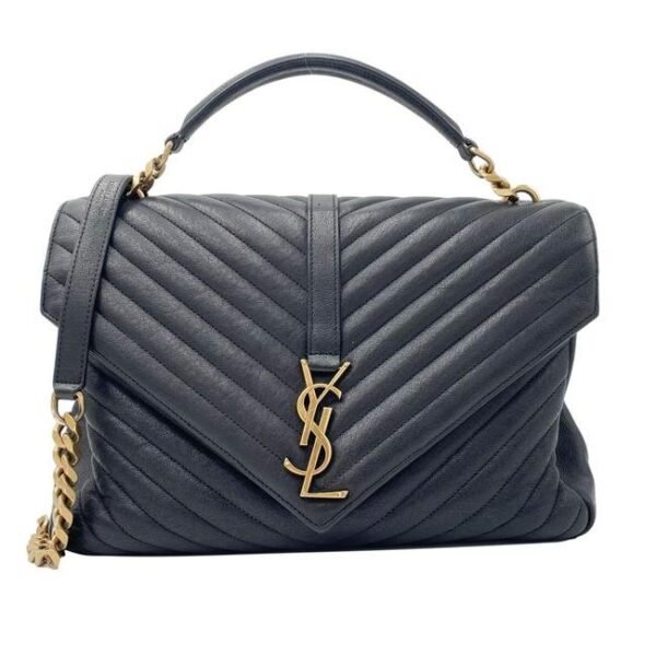 Saint Laurent Ghw Matelasse Chevron Monogram Large College Satchel Black Sheepskin Leather Shoulder Bag