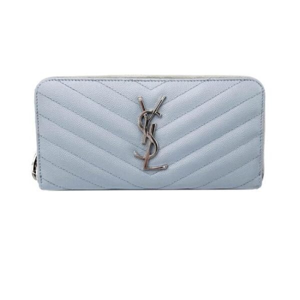 Saint Laurent Grey Grain De Poudre Matelasse Chevron Monogram Zip Around Wallet
