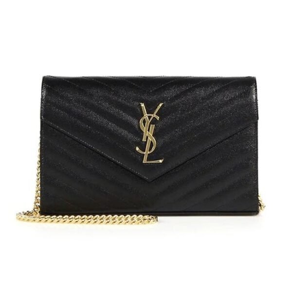 Saint Laurent Chain Wallet Ghw Matelasse Chevron Monogram Woc Black Leather Shoulder Bag