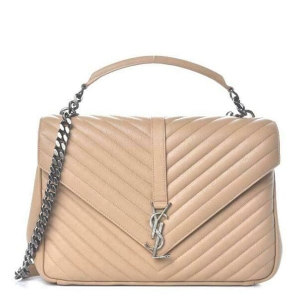 Saint Laurent Sheepskin Matelasse Chevron Monogram Large College Satchel Beige Leather Shoulder Bag