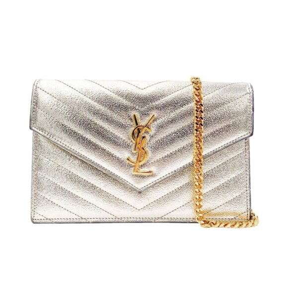 Saint Laurent Chain Wallet Monogram Envelope Metallic Calfskin Matelasse Chevron Pale Gold Leather Shoulder Bag