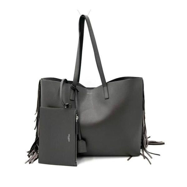 Saint Laurent Bag Large Fringe Shopping Monogram Black Calfskin Leather Tote