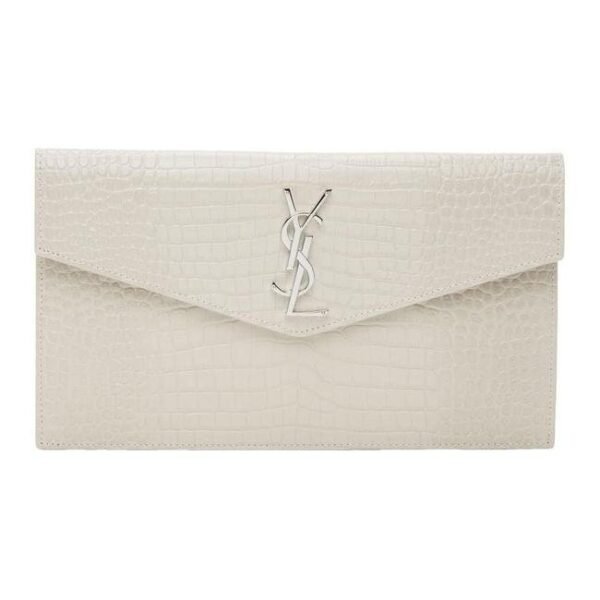Saint Laurent Calfskin Crocodile Embossed Uptown Monogram Pouch Crema Soft Off-white Croc-effect Leather Clutch
