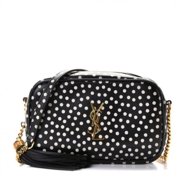 Saint Laurent Camera Lou Calfskin Printed Polka Dot Mini Crema Soft Black Leather Cross Body Bag