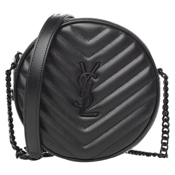 Saint Laurent Chain Wallet Camera Calfskin Matelasse Chevron Round Vinyle Black Leather Cross Body Bag