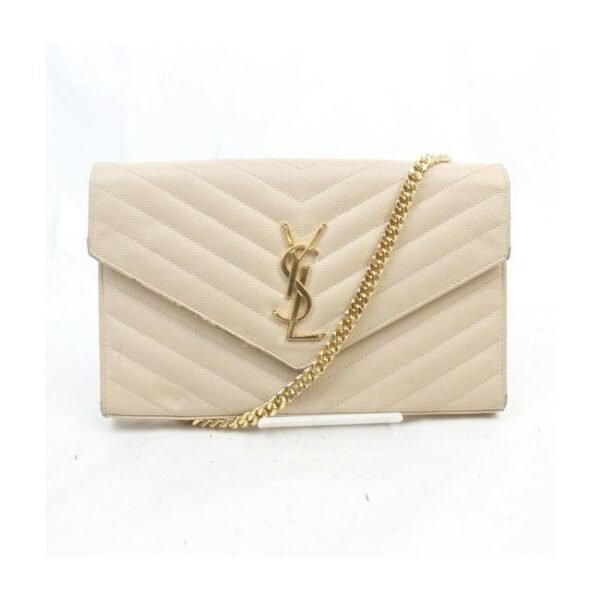 Saint Laurent Chain Wallet Grain De Poudre Matelasse Chevron Monogram Beige Leather Shoulder Bag
