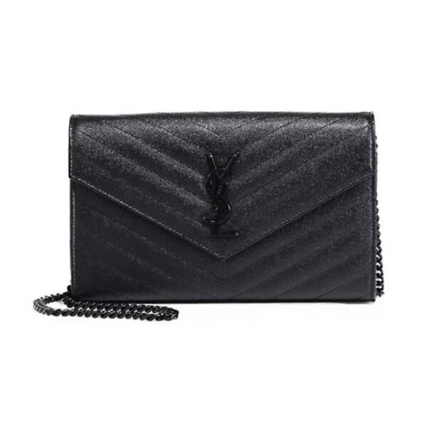Saint Laurent Chain Wallet Grain De Poudre Matelasse Chevron Monogram Black Leather Cross Body Bag