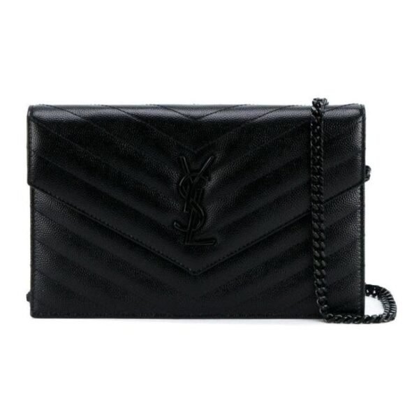 Saint Laurent Chain Wallet Grain De Poudre Matelasse Chevron Monogram Black Leather Cross Body Bag