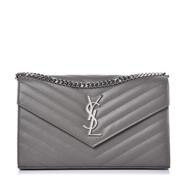 Saint Laurent Chain Wallet Grain De Poudre Matelasse Chevron Monogram Grey Leather Cross Body Bag