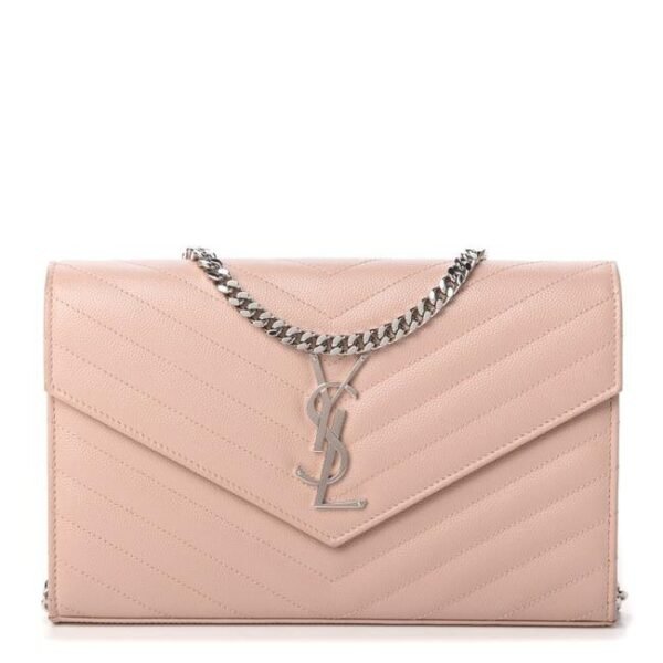 Saint Laurent Chain Wallet Grain De Poudre Matelasse Chevron Monogram Pale Pink Leather Shoulder Bag