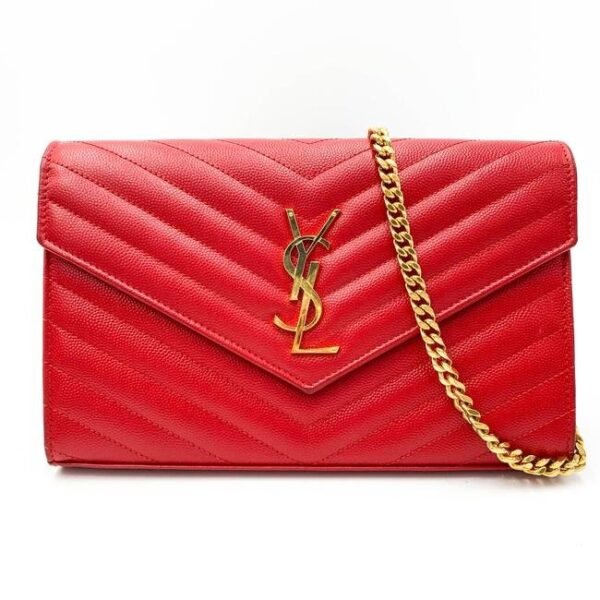 Saint Laurent Chain Wallet Grain De Poudre Matelasse Chevron Monogram Red Leather Shoulder Bag