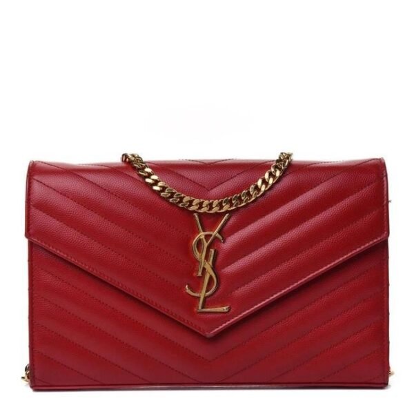 Saint Laurent Chain Wallet Grain De Poudre Matelasse Chevron Monogram Red Leather Shoulder Bag