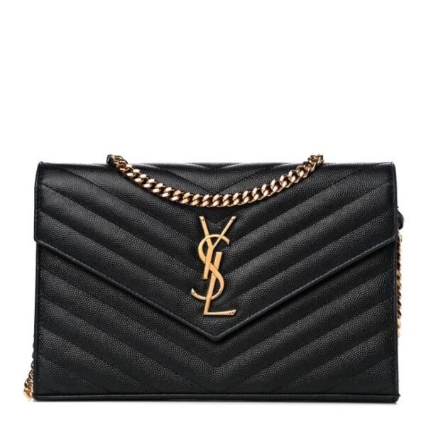 Saint Laurent Chain Wallet Grain De Poudre Matelasse Chevron Monogram Woc Black Leather Shoulder Bag