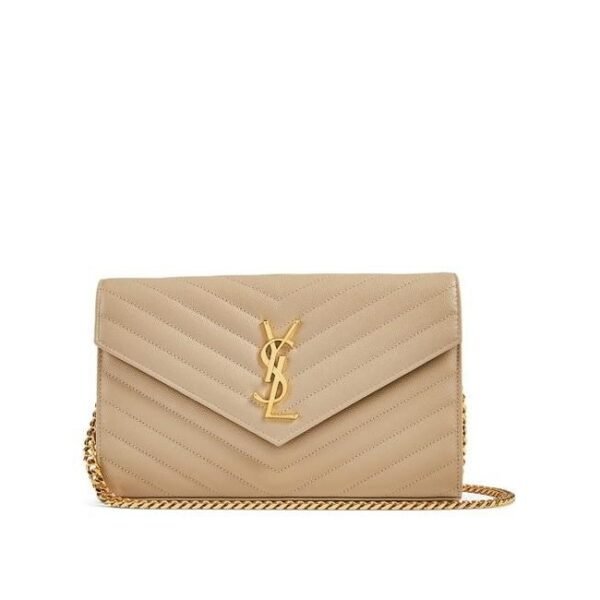 Saint Laurent Chain Wallet Grain De Poudre Matelasse Monogram Beige Leather Cross Body Bag