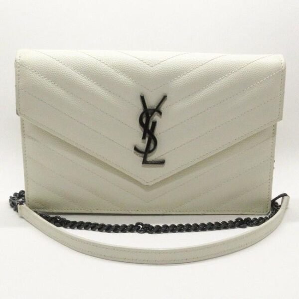 Saint Laurent Chain Wallet Monogram Envelope Grain De Poudre Matelasse Chevron Dove White Leather Shoulder Bag