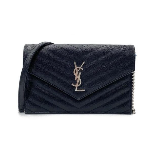 Saint Laurent Chain Wallet Monogram Envelope Grain De Poudre Matelasse Chevron Woc Black Leather Shoulder Bag