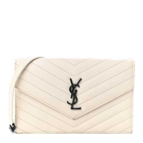 Saint Laurent Chain Wallet Monogram Envelope Grain De Poudre Matelasse Chevron Woc Dove White Leather Shoulder Bag