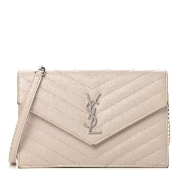 Saint Laurent Chain Wallet Monogram Envelope Grain De Poudre Matelasse Chevron Woc Nude Beige Leather Shoulder Bag