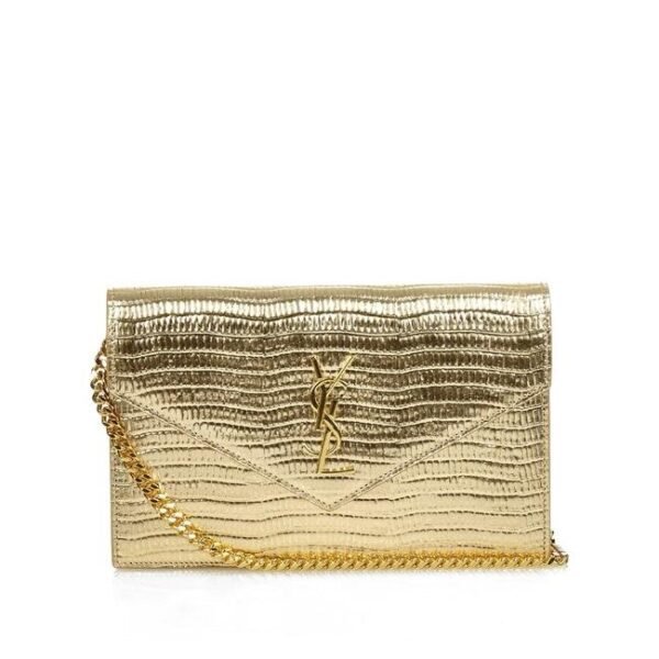 Saint Laurent Chain Wallet Monogram Envelope Small Metallic Gold Lizard Skin Leather Shoulder Bag