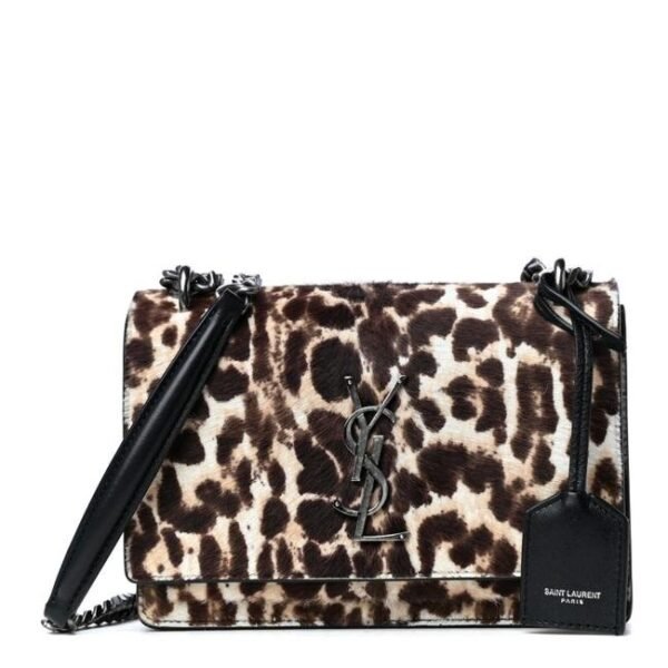 Saint Laurent Chain Wallet Sunset Leopard Print Monogram Small Natural Black Calf Hair Shoulder Bag