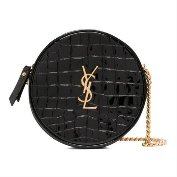 Saint Laurent Classic Camera Vinyle Ysl Monogram Round Croc-embossed Black Patent Leather Cross Body Bag