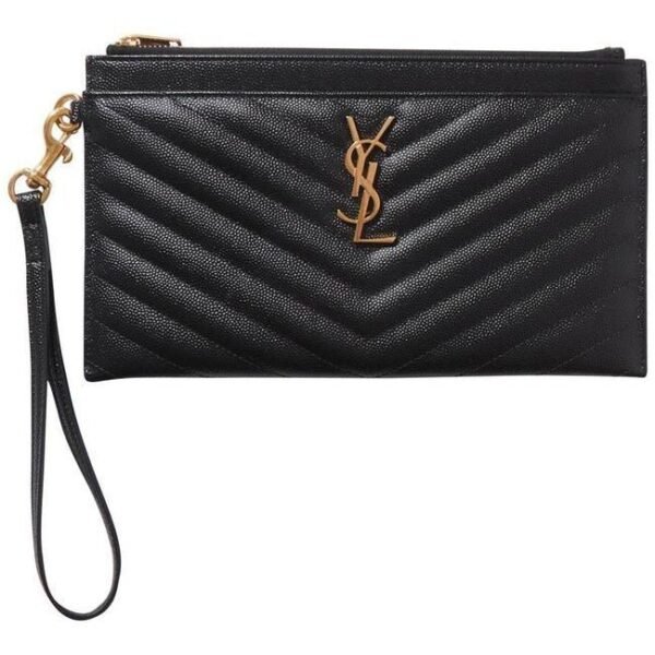 Saint Laurent Clutch Monogram Quilted Textured-leather Black Leather Wristlet