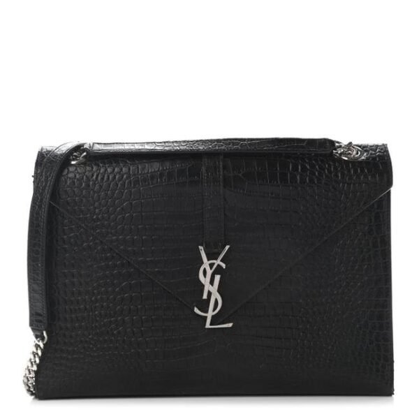 Saint Laurent Envelope Calfskin Crocodile Embossed Monogram Black Leather Satchel