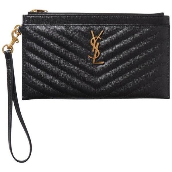 Saint Laurent Envelope Clutch Ysl Monogram Quilted Wallet Black Leather Wristlet