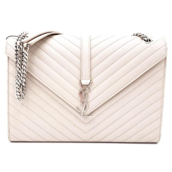 Saint Laurent Envelope Grain De Poudre Matelasse Chevron Large Monogram Satchel Nude Beige Leather Shoulder Bag