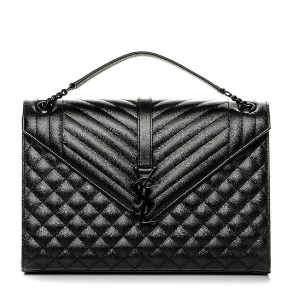 Saint Laurent Monogram Envelope Grain De Poudre Textured Mixed Matelasse Triquilt Large Black Leather Shoulder Bag
