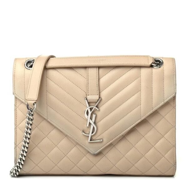 Saint Laurent Envelope Grain De Poudre Textured Mixed Matelasse Triquilt Medium Monogram Satc Beige Leather Shoulder Bag