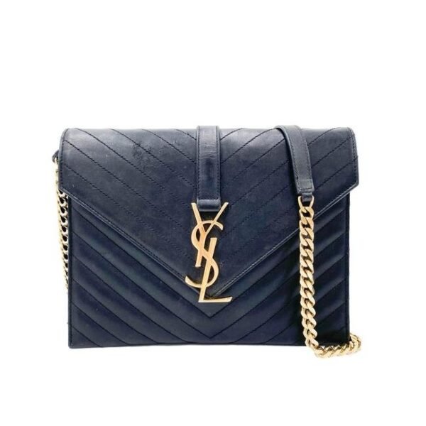 Saint Laurent Envelope Lambskin Matelasse Chevron Medium Monogram Satchel Black Leather Shoulder Bag