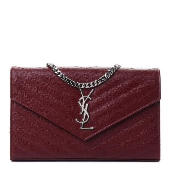 Saint Laurent Chain Wallet Grain De Poudre Matelasse Chevron Monogram Rouge Legion Red Leather Shoulder Bag