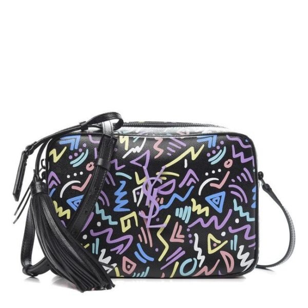 Saint Laurent Lou Camera Graffiti Grain De Poudre Medium Monogram Multicolor Graphic Print Black Leather Cross Body Bag