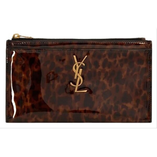 Saint Laurent Monogram Bill Pouch In Tortoiseshell Brown Patent Leather Clutch