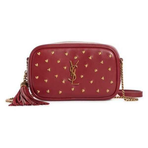 Saint Laurent Monogram Camera Lou Mini Heart Stud Lambskin Red Leather Cross Body Bag