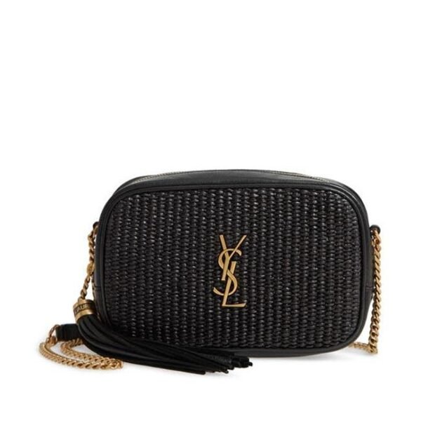 Saint Laurent Monogram Camera Lou Mini Raffia Black Leather Cross Body Bag