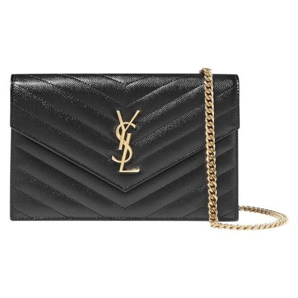 Saint Laurent Monogram Envelope Chain Wallet Clutch Ysl Woc In Grained Black Leather Cross Body Bag