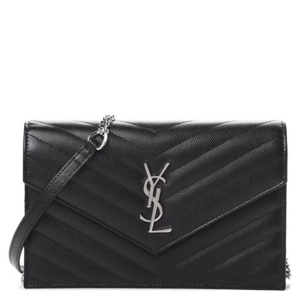 Saint Laurent Monogram Envelope Chain Wallet Grain De Poudre Matelasse Chevron Black Leather Shoulder Bag