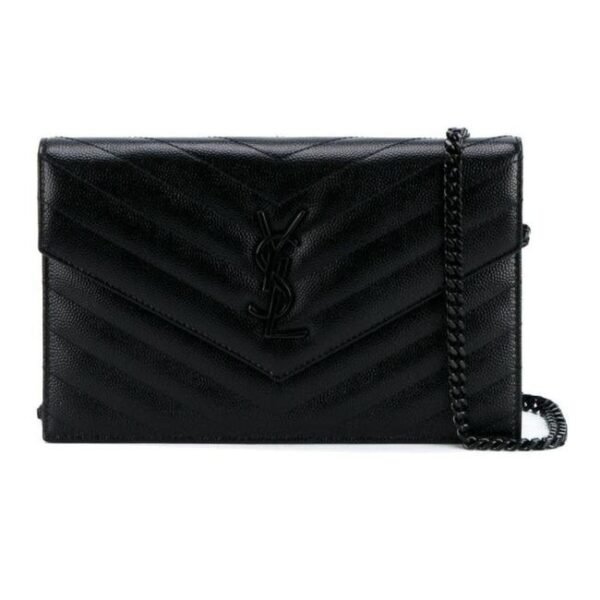 Saint Laurent Monogram Envelope Chain Wallet Grain De Poudre Matelasse Chevron Black Leather Shoulder Bag