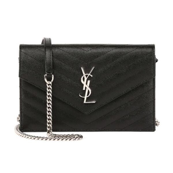 Saint Laurent Chain Wallet Monogram Envelope Grain De Poudre Matelasse Chevron Woc Black Leather Shoulder Bag