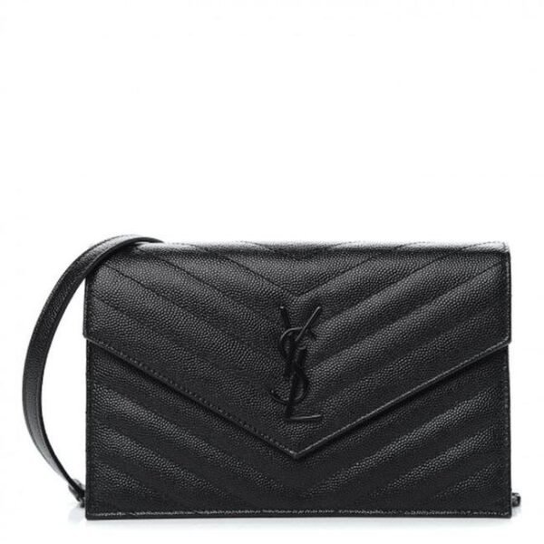 Saint Laurent Chain Wallet Monogram Envelope Grain De Poudre Matelasse Chevron Woc Black Leather Shoulder Bag