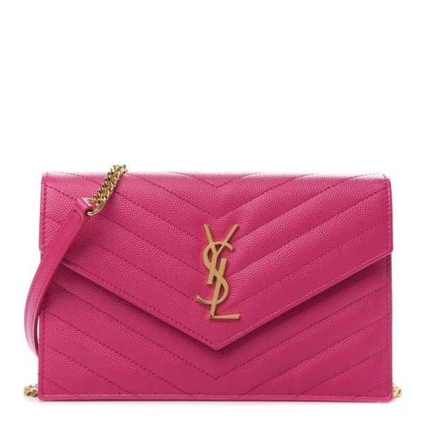 Saint Laurent Monogram Envelope Chain Wallet Grain De Poudre Matelasse Chevron Fresh Fuchsia Leather Shoulder Bag