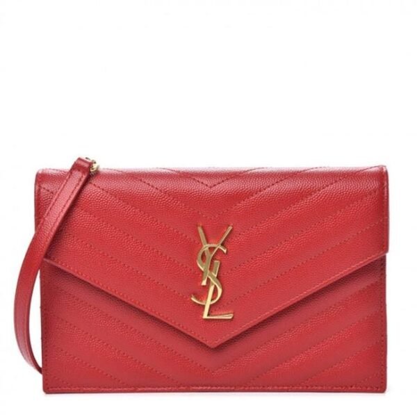 Saint Laurent Monogram Envelope Chain Wallet Chevron Red Leather Cross Body Bag