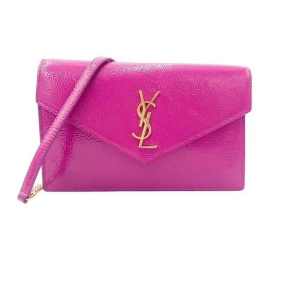 Saint Laurent Monogram Envelope Chain Wallet Textured Electric Pink Patent Leather Cross Body Bag