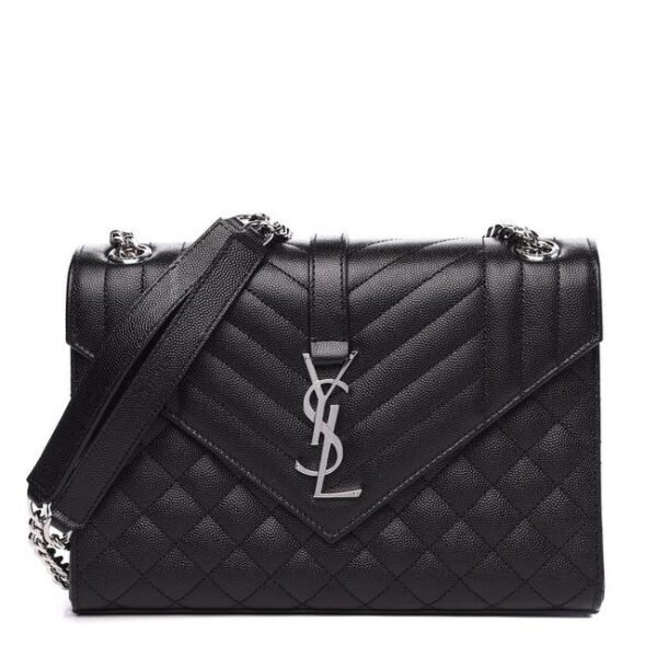 Saint Laurent Monogram Envelope Grain De Poudre Textured Mixed Matelasse Medium Triquilt Black Leather Shoulder Bag