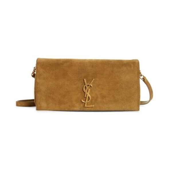 Saint Laurent Monogram Kate 99 Lizard Embossed Brown Suede Leather Shoulder Bag